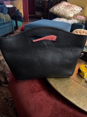 Classic Black Leather Wristlet Clutch with Built-In Handle